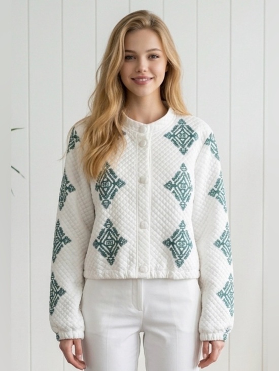 None Jackets & Blazers - Quilted White Button-Front Jacket with Teal Diamond Motif